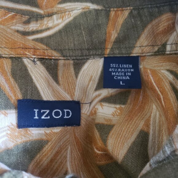 IZOD Mens Short Sleeve‎ Button Down Hawaiian Shirt size L Linen Blend Resort - Picture 4 of 7
